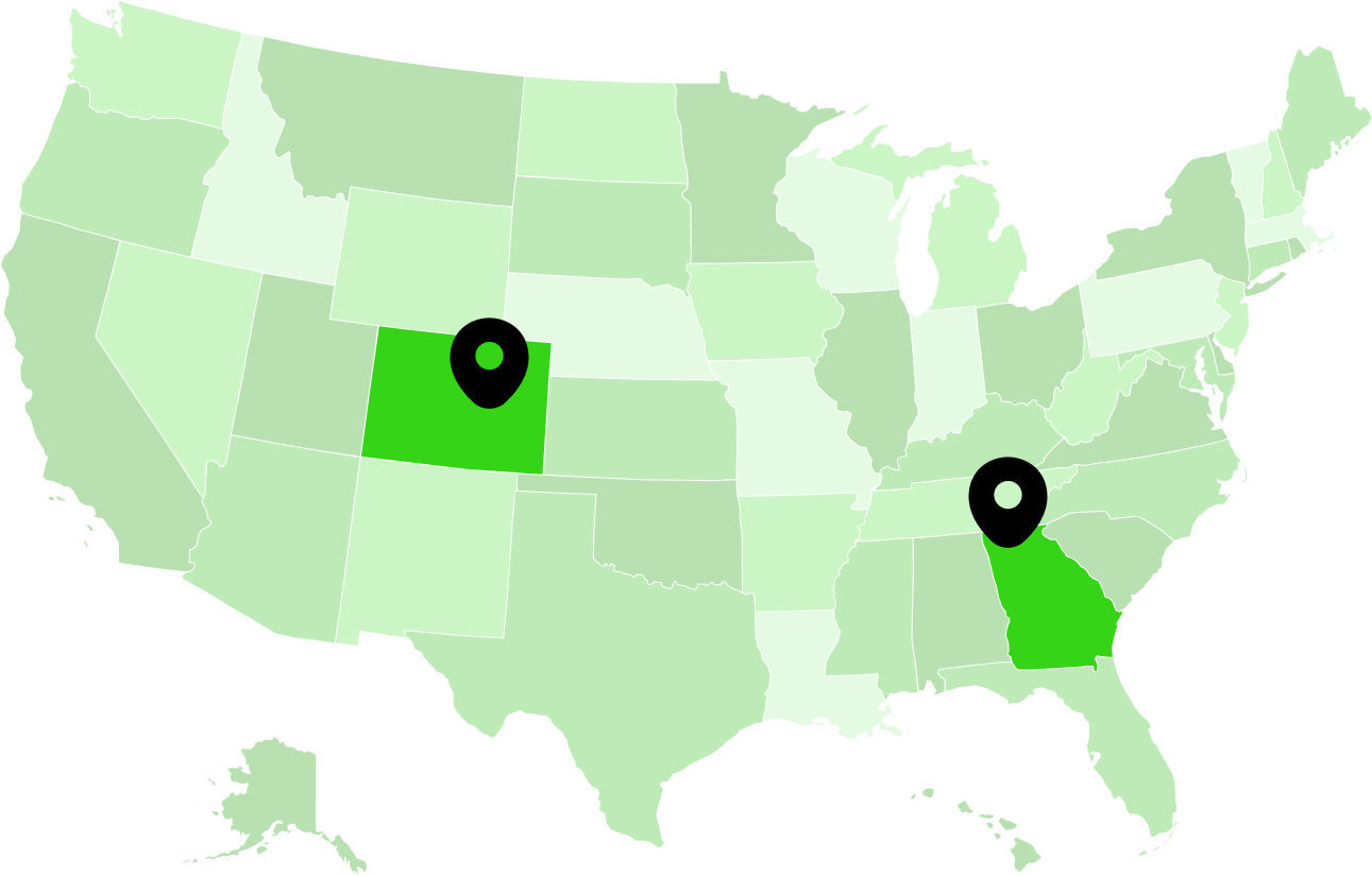 US map showing Ionic Rentals geo-redundant monitoring centers in Colorado and Georgia