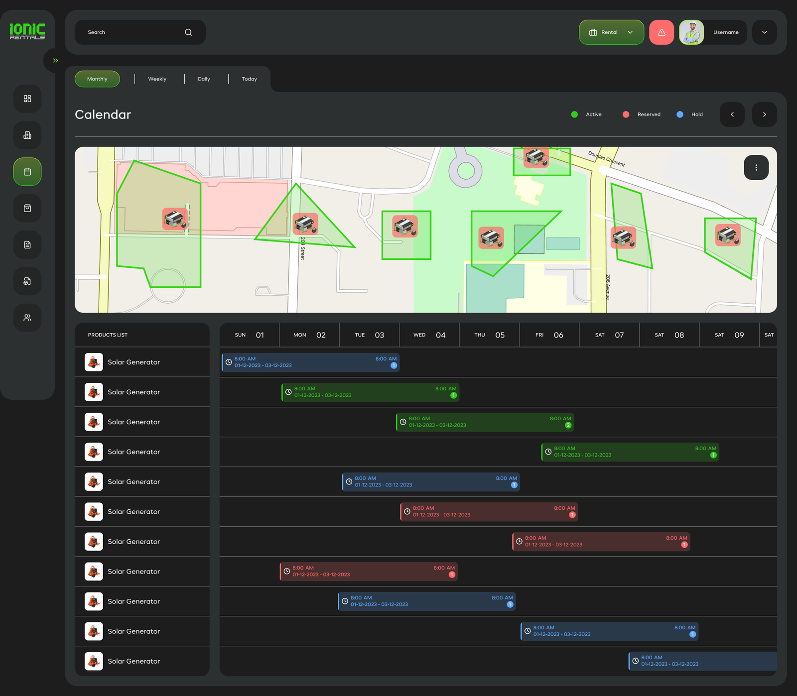 Ionic Rentals project planning calendar and map