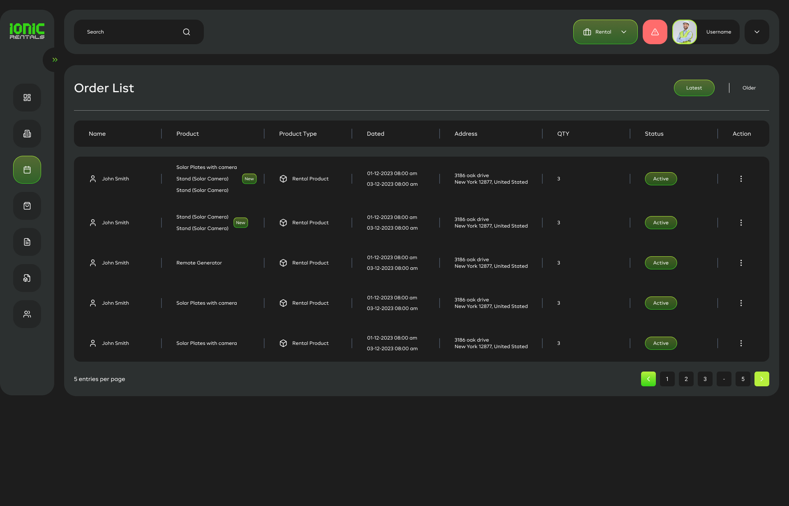 Ionic Rentals order list dashboard