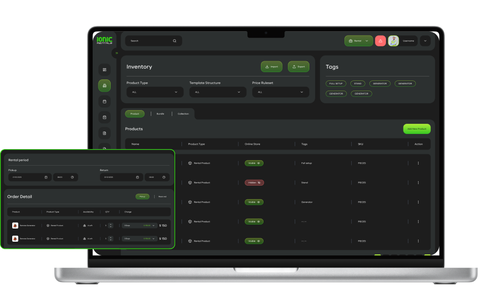 Ionic Rentals inventory management dashboard shown on a laptop, with a rental order detail panel overlaid