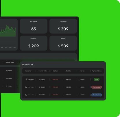 Cash flow, invoice count, and invoice list panels from the Ionic Rentals financial dashboard