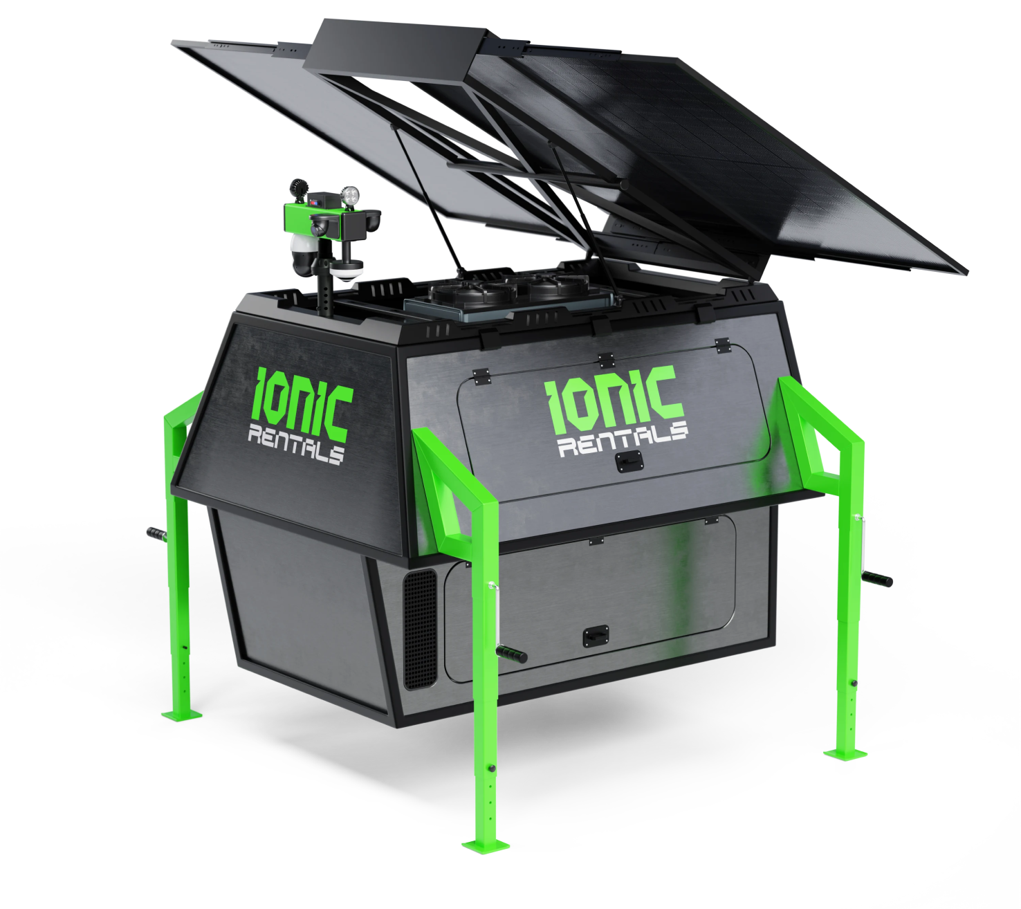 Ionic Rentals hybrid generator with solar panel lid open