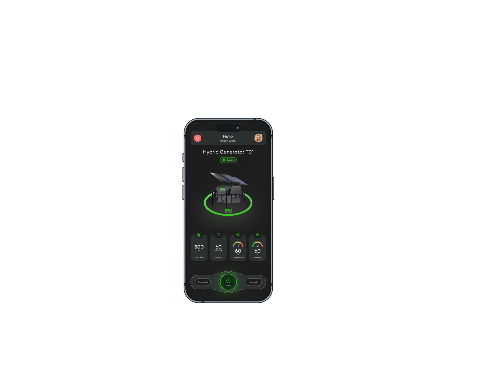 IONIC mobile app showing hybrid generator T01 status, fuel level, solar, temperature and battery readouts