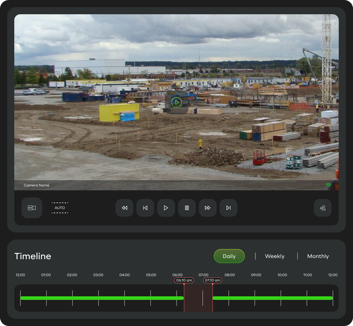 IONIC monitoring dashboard video player with timeline scrubber