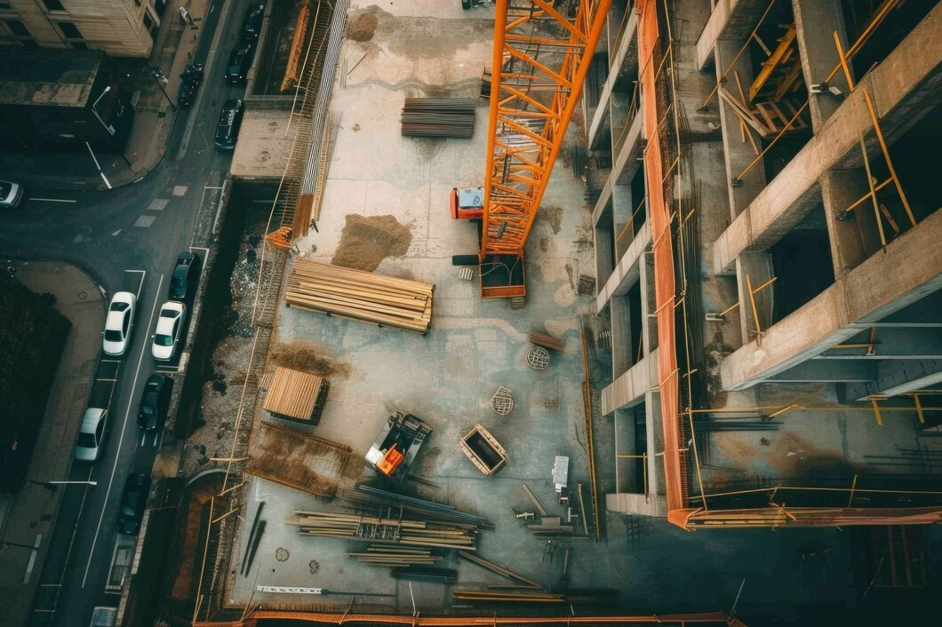 Aerial view of a construction site monitored by IONIC surveillance cameras
