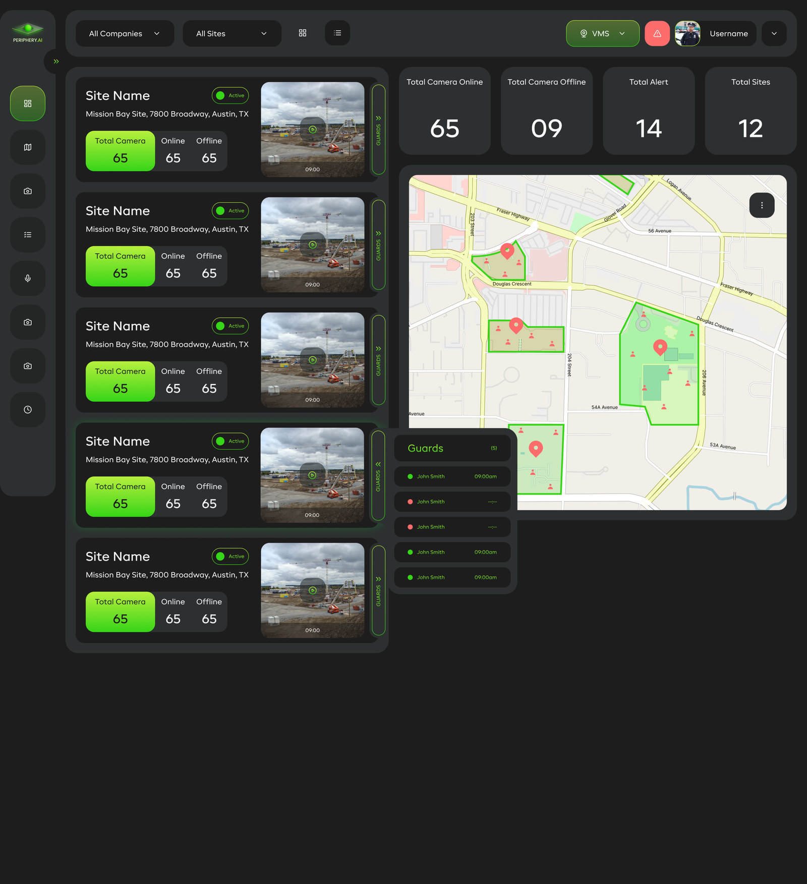 IONIC surveillance dashboard showing site list, camera counts and a coverage map